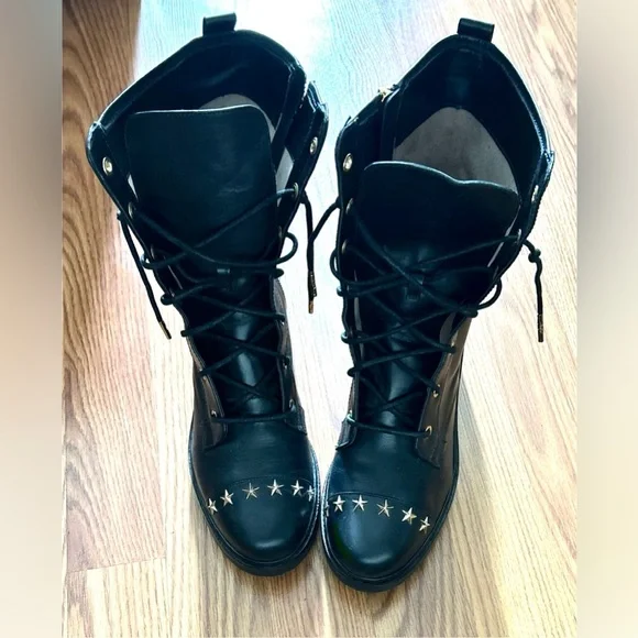 Michael Kors Cody Star Studded Black Leather Combat Boots Size 8 - Picture 7 of 10